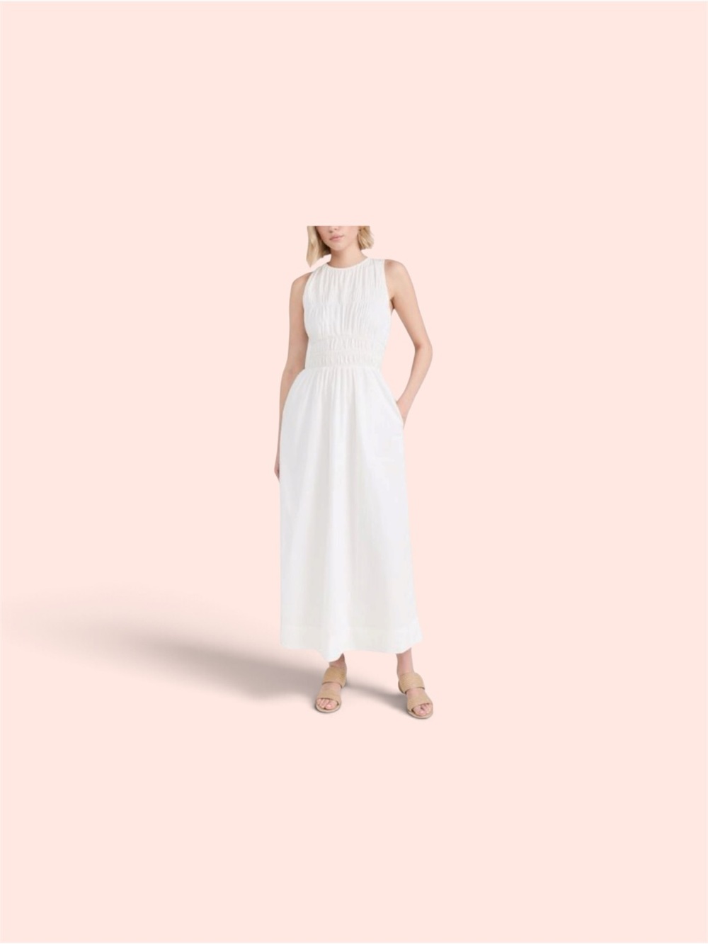 Sleeveless White Maxi midi Dress with Shirred Bodice